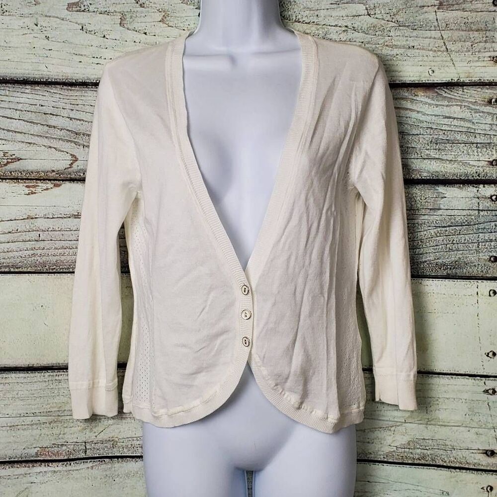 Tribal Women’s White Open Knit Button Front Cardigan Sweater Size Small